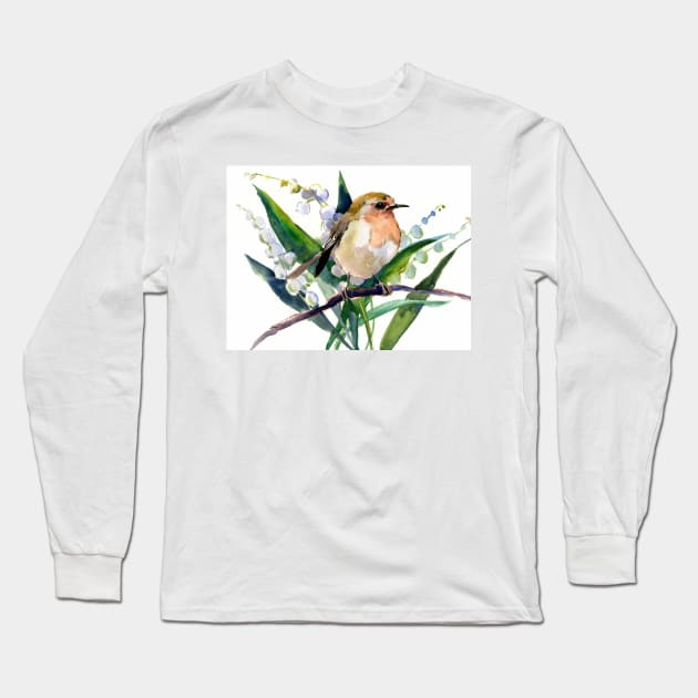 Robin Bird and Lilies of the Valley Flowers Long Sleeve T-Shirt by surenart